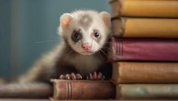 mullido gatito sentado en estante para libros, mirando curioso generado por ai foto