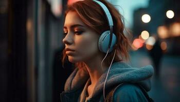 Young woman enjoying music outdoors with headphones generated by AI photo