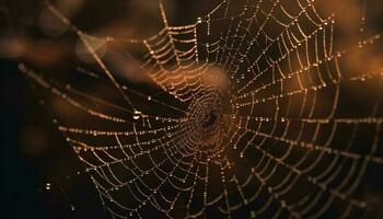 Spooky spider web captures dew drops perfectly generated by AI photo