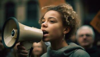 Smiling young women holding megaphone, talking outdoors generated by AI photo