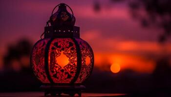 Glowing lanterns illuminate traditional Ramadan celebration at dusk generated by AI photo