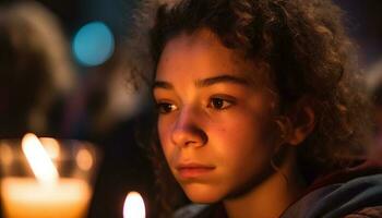 Smiling young adult illuminated by candle flame generated by AI photo