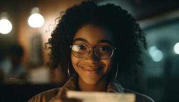 Young African businesswoman smiling, holding coffee indoors generated by AI photo