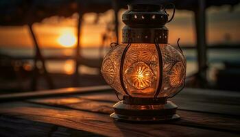 Old fashioned lantern illuminated table, glowing with candlelight generated by AI photo