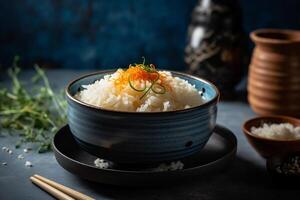 Japanese rice in a bowl on wooden table. Selective focus photo