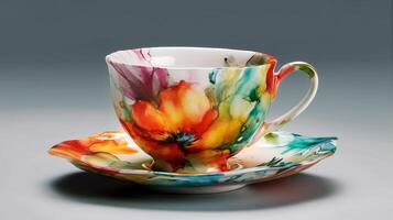 Colorful porcelain cup with saucer on a gray background photo