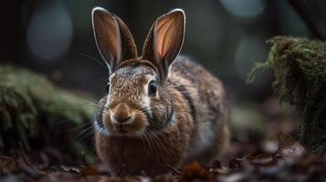 ai generativo Conejo en el bosque piso. animal en el naturaleza habitat foto