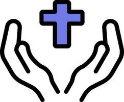 Orando manos con cruzar icono en azul y blanco color. vector
