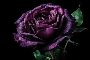 Beautiful dark purple rose with water drops on petals on black background photo