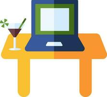 cóctel bebida vaso con ordenador portátil en escritorio icono en plano estilo. vector
