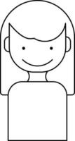 Smiley Girl Character Icon in Black Line Art. vector