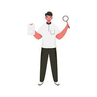 Cheerful Man Holding Magnifying Glass with Paper on White Background. vector