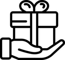 Hand Holding A Gift Box icon in black line art. vector