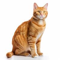 A cute and beautiful orange tabby cat with curious eyes sits on the floor. Lovely portrait of the domestic pet isolated on white background. Adorable feline animal. Image by . photo