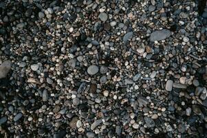 Smooth background with a texture of different sizes of pebbles. Pebble beach. Close-up. photo