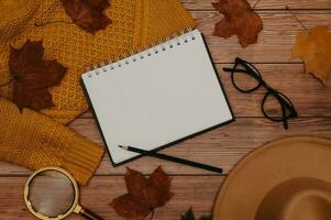 Autumn accessories, flatlay. Hat, sweater, leaves maple, glasses, notepad, retro camera on wooden background. Copying space photo