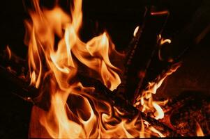 A bonfire in close-up, flames, charred pieces of logs and ashes in the open air. Camping. photo