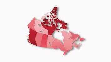 diplomático mapa de Canadá aparece y desaparece en rojo colores aislado en alfa canal antecedentes. Canadá mapa demostración diferente dividido estados estado mapa. video