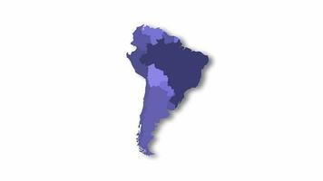 Politic map of South America appears and disappears in blue colors isolated on alpha channel background. South America map showing different countries. Continent map. video
