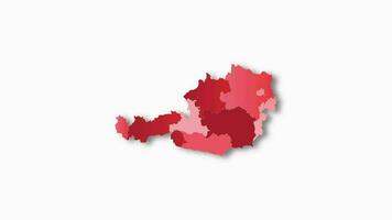 Politic map of Austria appears and disappears in red colors isolated on alpha channel background. Austria map showing different divided states. State map video