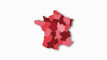 Politic map of France appears and disappears in red colors isolated on alpha channel background. France map showing different divided states. State map. video