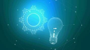 White light bulb and gear or cogwheel 3D model with plexus effect, geometrical lines and triangular shapes with dots on technological sky blue background. Inspiration, innovation and big ideas concept video