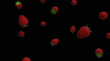 Strawberries background. Falling strawberries over alpha channel. Rain of strawberries across the screen video