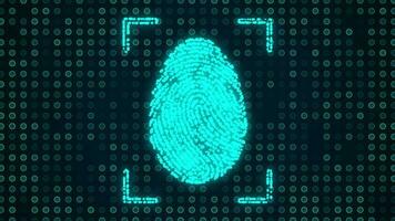 Digital fingerprint or thumb fingerprint scan icon made of moving blue glowing particles on technological sky blue dots background. Concept of touch ID, unlocking apps or smartphone, secure access video
