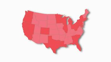 Politic map of United States of America appears and disappears in red colors isolated on alpha channel background. USA map showing different states. State map video