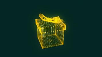 roterande 3d gyllene gåva låda modell med plexus effekt, geometrisk rader och triangel- former med prickar på mörk grön bakgrund video