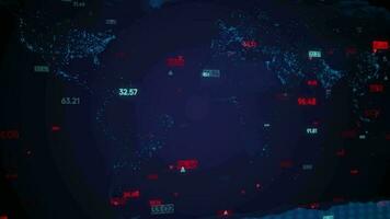 Digital world map with digital indicators, stock indices, stock market. Data processing on world map background. Concept of stock market crypto currency, stock market price changes and world economy. video