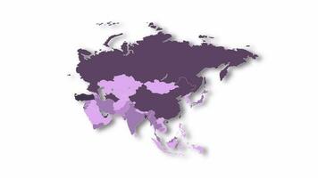 Politic map of Asia appears and disappears in purple or violet colors isolated on alpha channel background. Asia map showing different countries. Continent map video