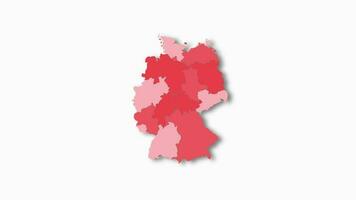 Politic map of Germany appears and disappears in red colors isolated on alpha channel background. Germany map showing different divided states. State map video