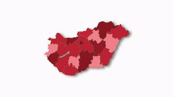 Politic map of Hungary appears and disappears in red colors isolated on alpha channel background. Hungary map showing different divided states. State map video