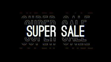 Super sale glitch text effect isolated on black background. Text message with rgb glitch distortion. Sales, discounts and retails concept video