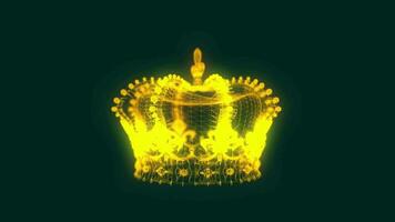 Rotating 3D golden crown model with plexus effect, geometrical lines and triangular shapes with dots on dark green background. video