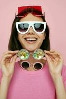 photo pretty girl emotions posing four stylish glasses isolated background