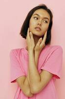 young woman in a pink T-shirt Youth style Lifestyle unaltered photo