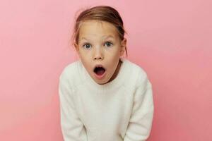 pretty young girl gesture hands emotions grimace isolated background photo