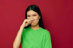 woman emotions posing gesture hands grimace isolated background unaltered photo