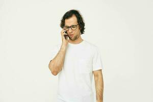 man telephone communication hand gesture isolated background photo