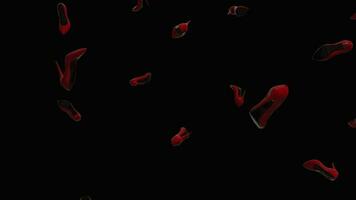 Heels shoes background. Falling red heels over alpha channel. Rain of heels across the screen video