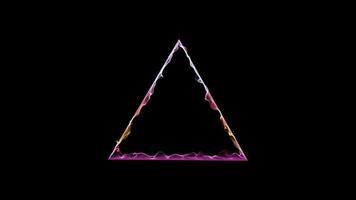 Dreieck geformt rahmen. Rosa, lila und Weiß 3d Dreieck gemacht von Wellen, Punkte, Partikel Mischung, isoliert auf schwarz Hintergrund. fließend Partikel video
