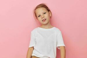 Portrait of happy smiling child girl emotion hands gesture childhood unaltered photo