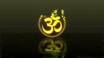 Symbol of hinduism, ohm symbol made of glowing golden particles disappear and dissolve on reflecting floor and dark background. video