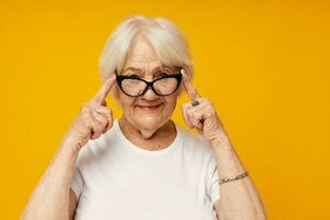 elderly woman health lifestyle eyeglasses isolated background photo