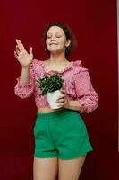 alegre mujer con un flor en un maceta en su manos rojo antecedentes inalterado foto