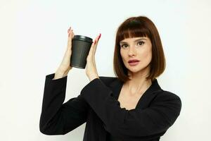 photo pretty woman black jacket drink glass posing isolated background