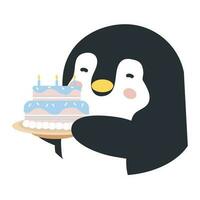 Happy penguin holding birthday cake vector