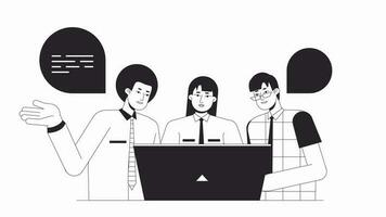 Mentoring work bw animation. Animated characters colleagues. business team collaborating. Monochrome 2D flat outline cartoon 4K video, white background, alpha channel transparency for web design video